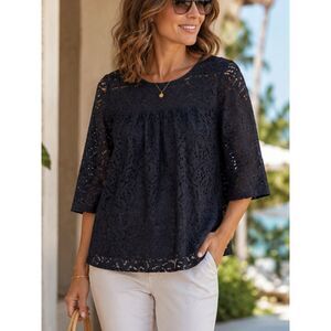 NEW! LOFT Lace Peplum Blouse XS Navy Blue Boho Sheer Bell Sleeve Romantic Top